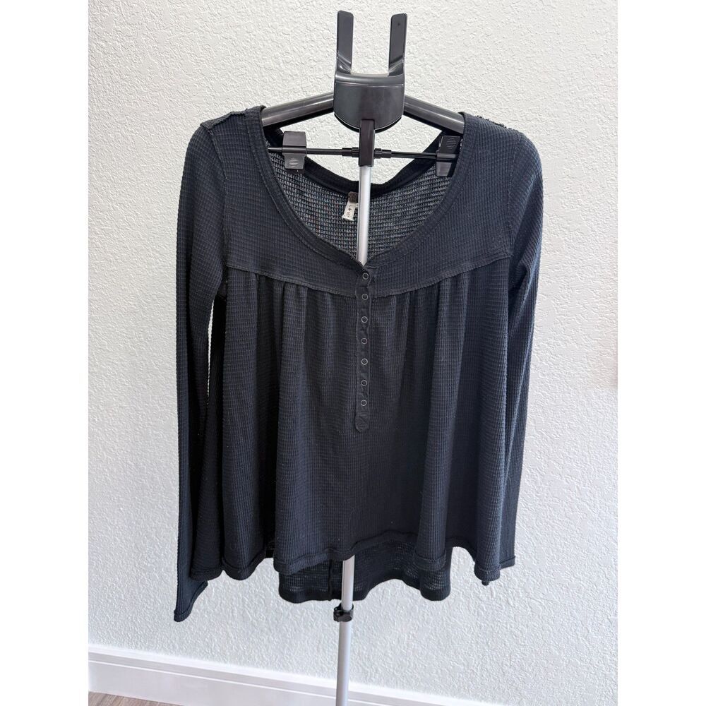 We The Free Black Long Sleeve Waffle Henley Top